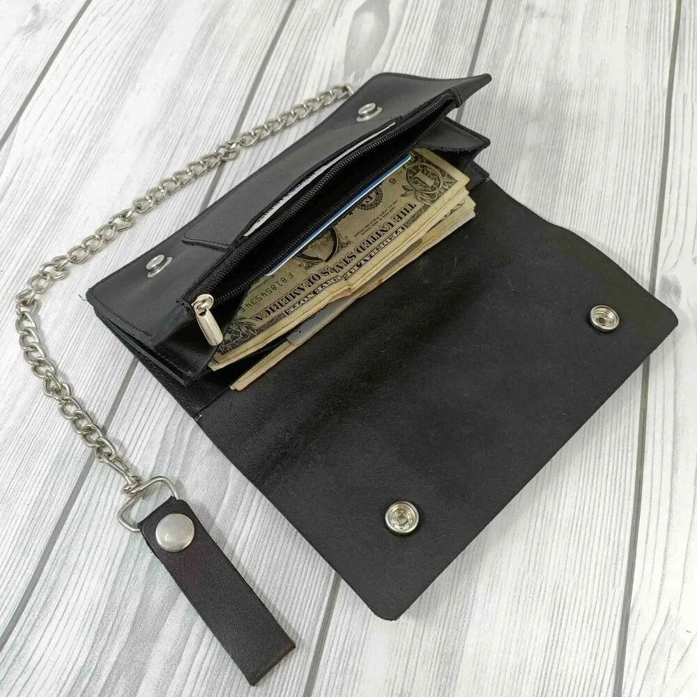 Black Leather Trifold Wallet with Chain